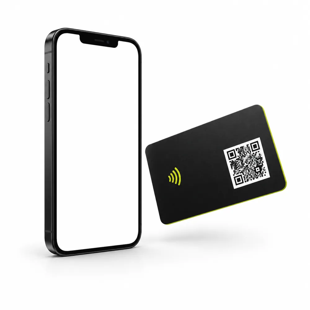 A smartphone and matte black NFC TapCard on a white background