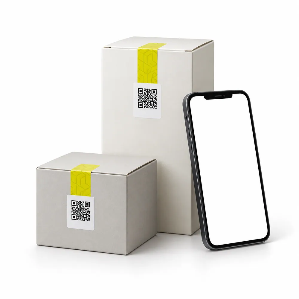 Product packaging with QR labels and a smartphone for product verification