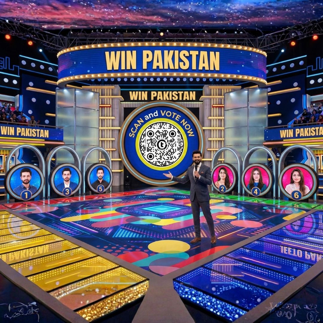 Win Pakistan gameshow stage with TapX QR code for live audience voting and engagement
