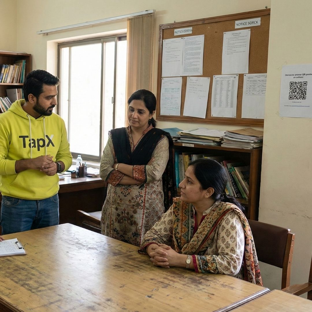 TapX field research team member in lime yellow branded hoodie presenting QR survey findings to Pakistani government office staff in professional meeting
