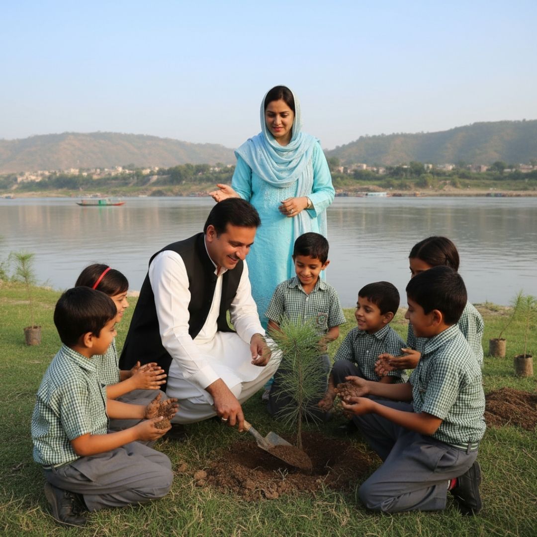 Pakistani family and school children planting tree together