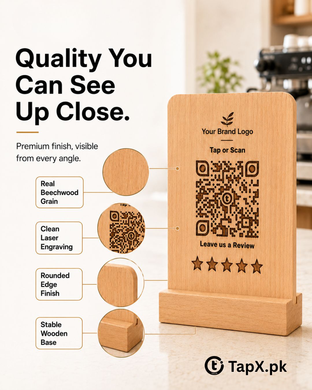 Review+ standee quality details: real beechwood grain, clean laser engraving, rounded edge and stable base