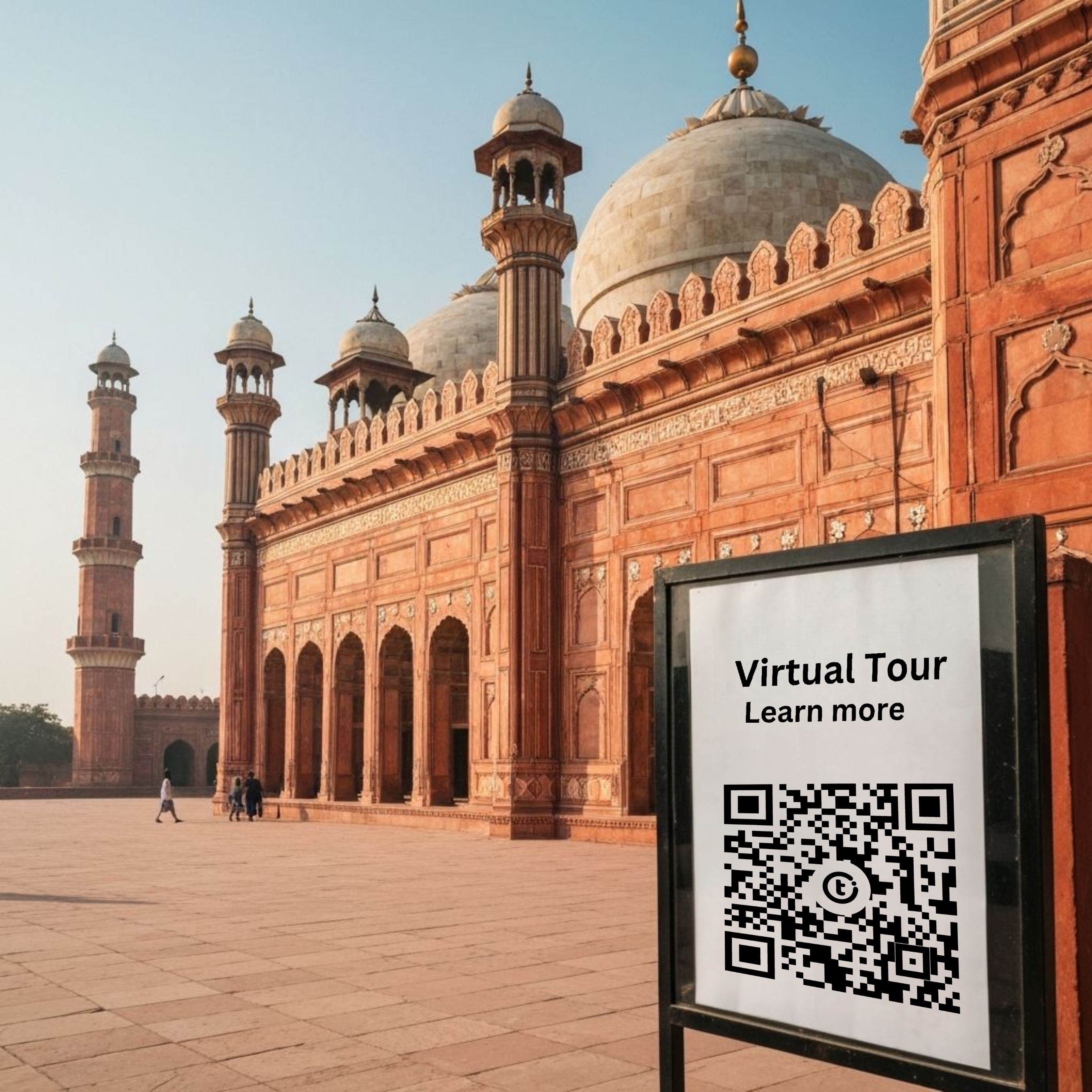 Old Mughal Mosque in Lahore with Virtual Tour QR code on notice board