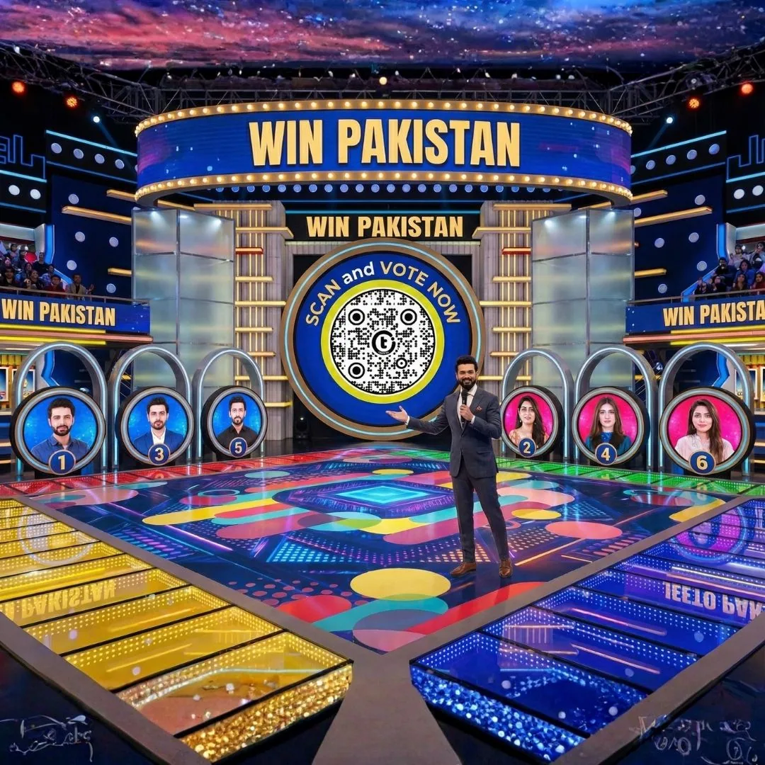 Win Pakistan gameshow stage with TapX QR code for live audience voting and engagement