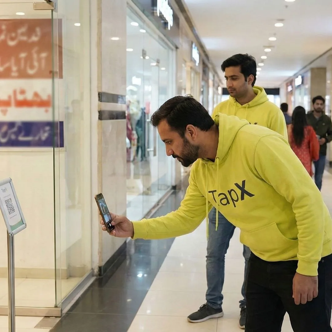 TapX field researcher in branded yellow hoodie testing QR code on mall display stand in Pakistani shopping center