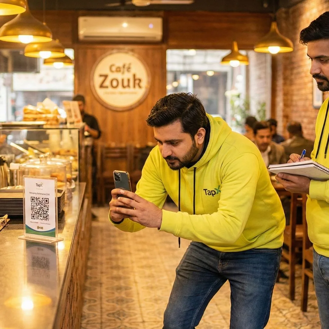 TapX researcher in lime yellow hoodie scanning QR code with mobile phone at Pakistani café during seven-week market survey