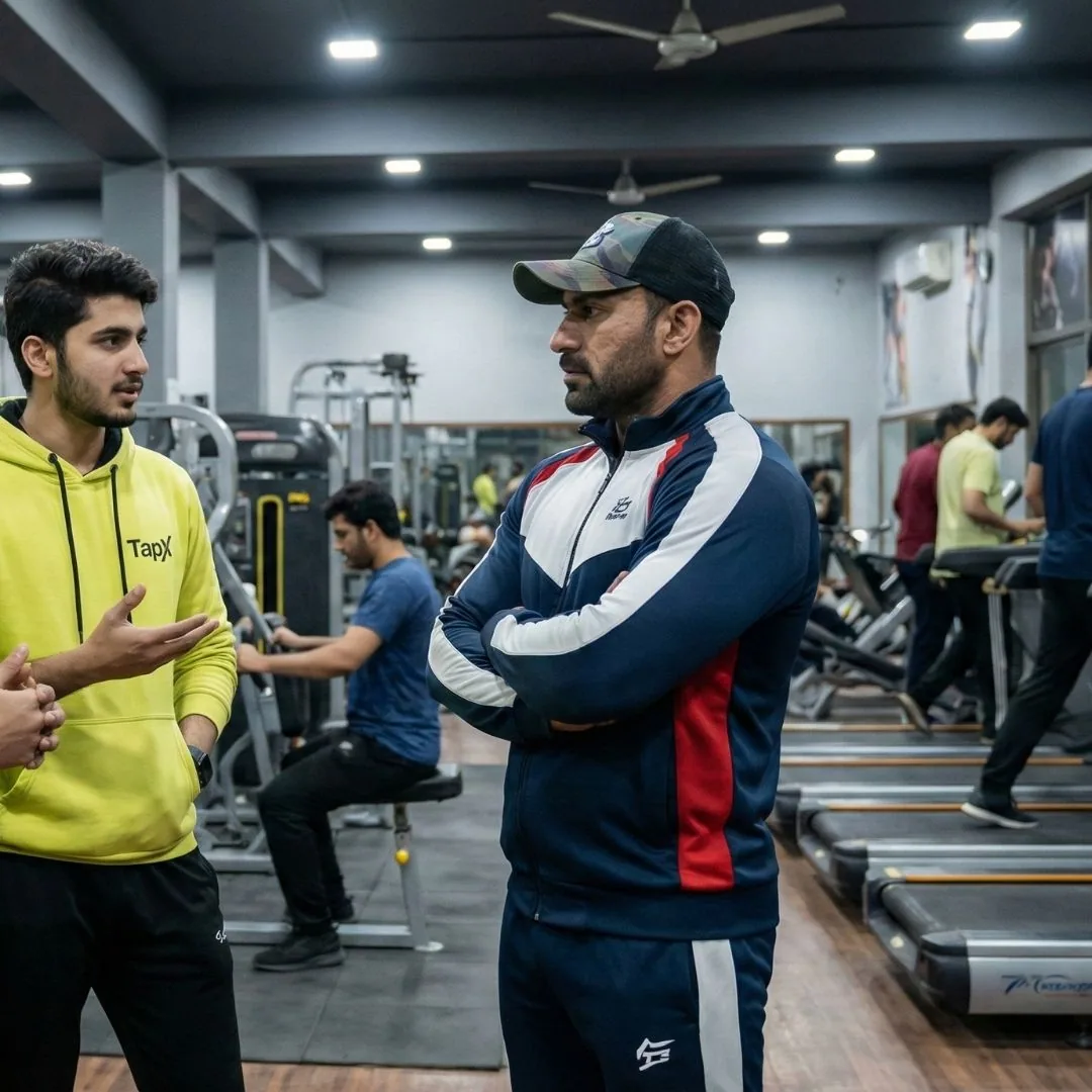TapX survey team member in lime yellow branded hoodie discussing QR reliability and strategy with gym owner in Pakistan fitness center