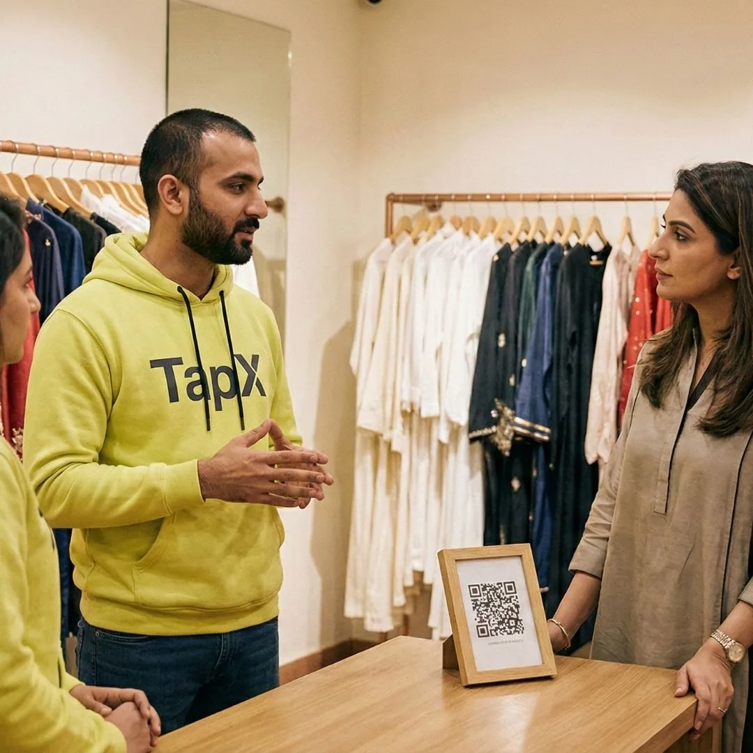 TapX field research team in lime yellow branded hoodies consulting with fashion boutique owner about QR code implementation risks in Pakistani retail