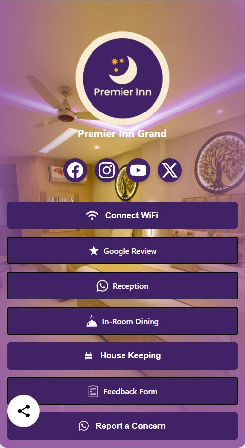 Premier Inn Grand guest page with purple branding, WiFi, Google Review, WhatsApp reception, dining, housekeeping, feedback, and concern reporting