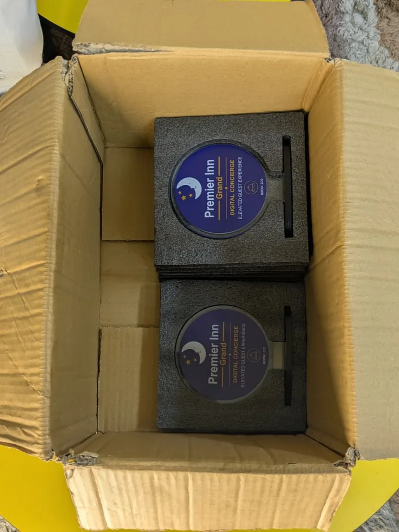 Premier Inn Grand purple Digital Concierge standees packed in protective foam