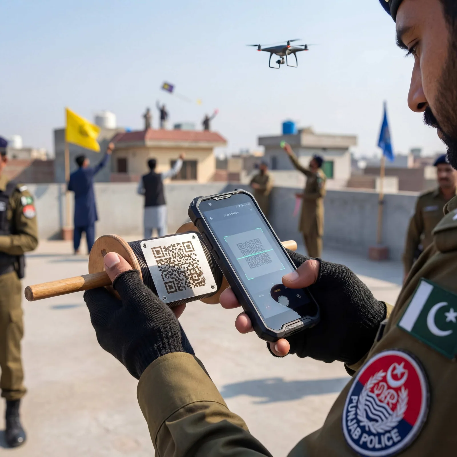 Punjab Police officer scanning QR code on kite spool with smartphone during Basant Festival enforcement, drone visible in background
