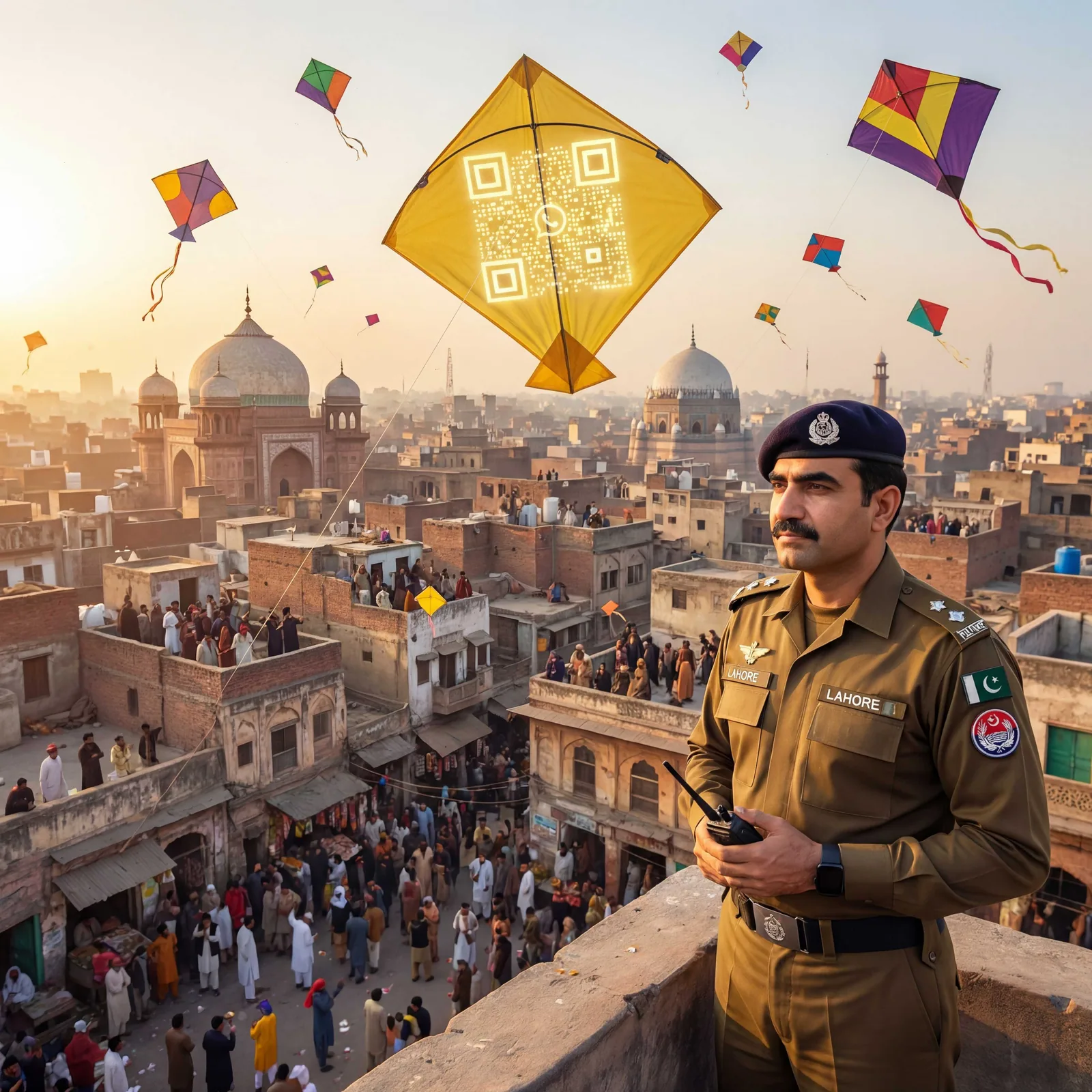 Lahore Police officer overlooking the city during Basant Festival with a large yellow kite featuring QR code flying above, colorful kites filling the sky with crowds on rooftops
