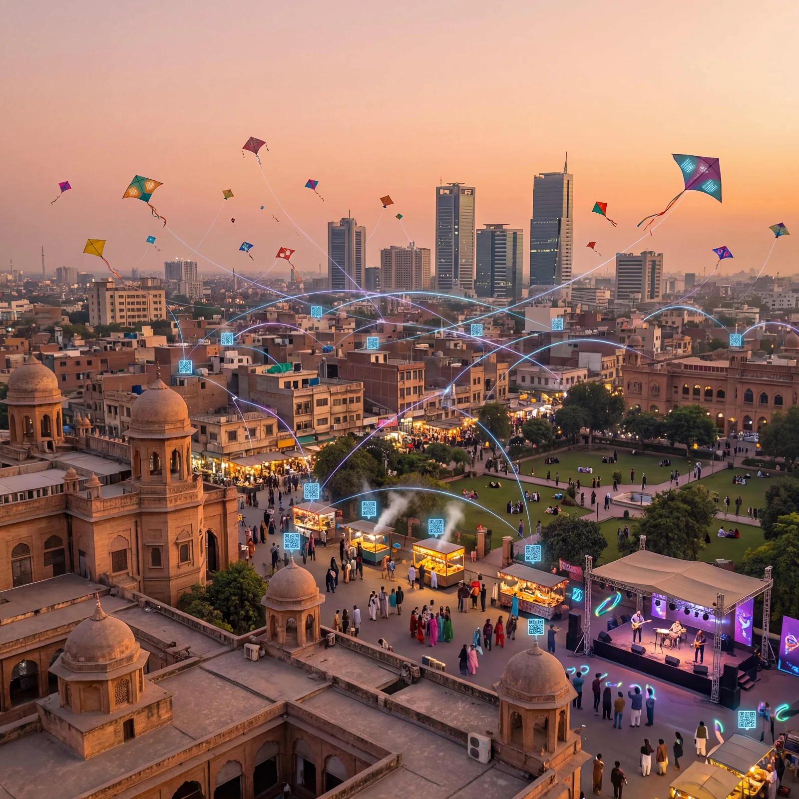Panoramic view of Lahore at sunset during Basant Festival showing historic architecture, modern skyline, colorful kites flying, food stalls, concert stage, and glowing QR code network connections across the smart city