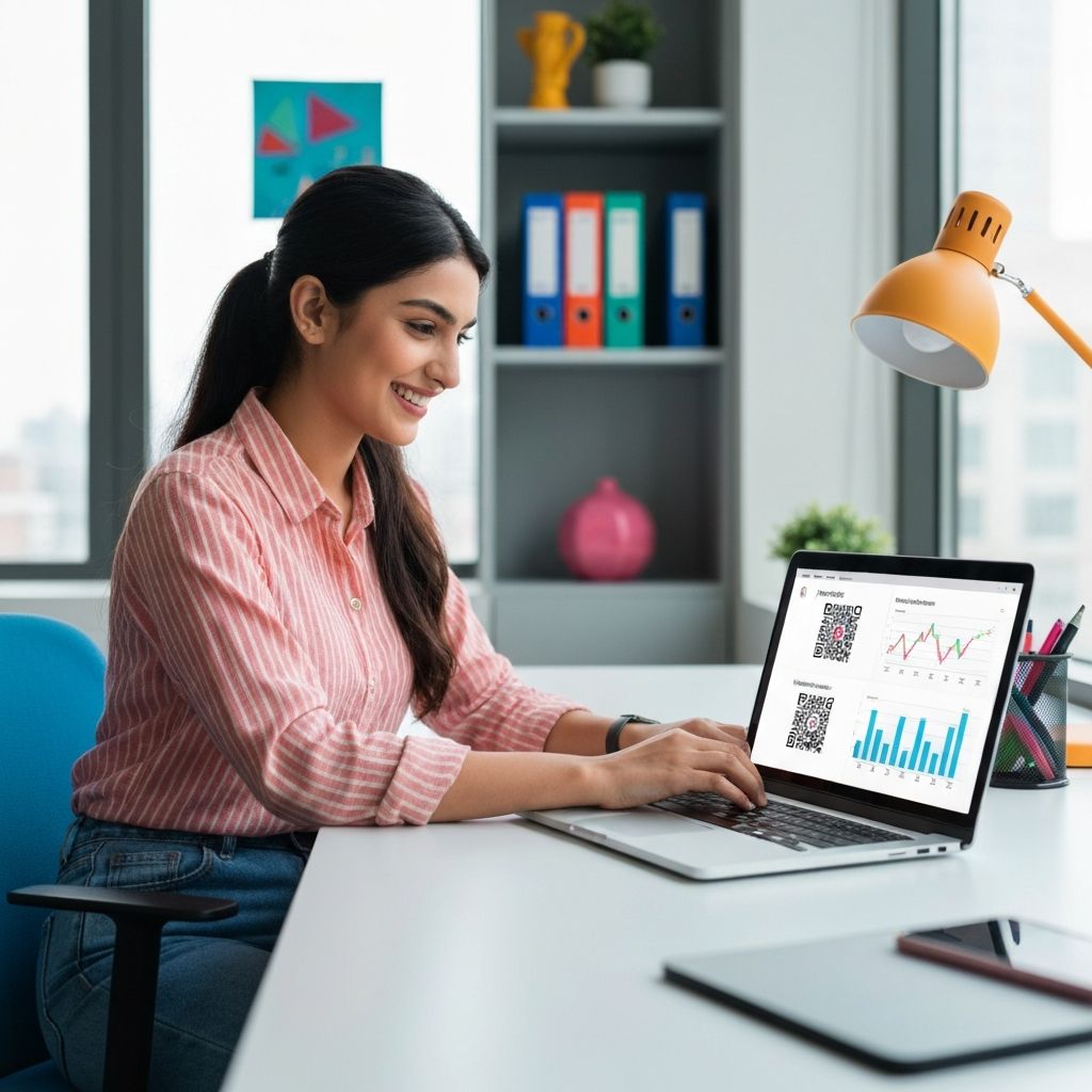 Pakistani content creator analyzing social media analytics with QR code marketing data